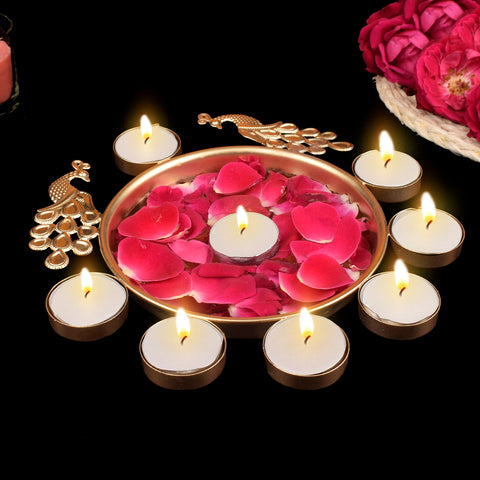 Decorative Metal Peacock Flower Urli with Tea Light – Intricately designed metal urli featuring a peacock flower motif, complete with a tea light holder for spiritual and festive décor. India’s Largest Pooja Accessories Brand – www.satvikstore.in