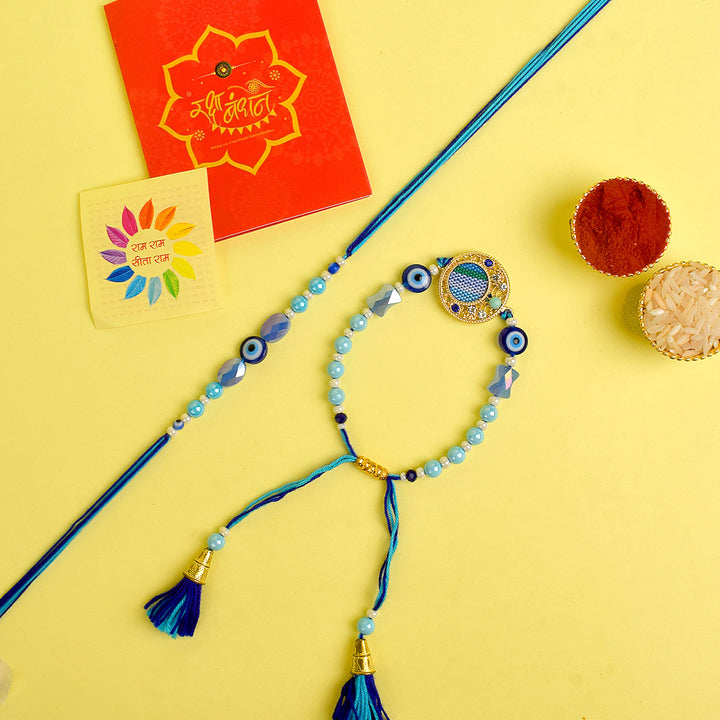 Designer Couple Rakhi Set for Bhaiya and Bhabhi with Roli Chawal and Ram Sita Stickers – Raksha Bandhan Gift Combo. India’s Largest Brass Idols Brand - www.satvikstore.in