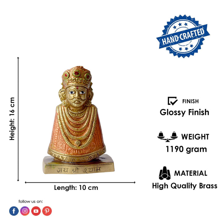  This 6.3-inch Khatu Shyam idol is a symbol of divine grace, devotion, and spiritual protection. Crafted with exquisite detail, it beautifully captures the serene expression of Lord Khatu Shyam, a revered deity known for bestowing blessings of prosperity, health, and happiness upon his devotees. 