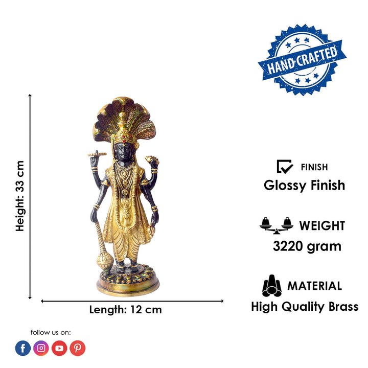  This elegant brass statue of Lord Vishnu seated on the mighty Seshnag is a powerful symbol of divine protection, balance, and cosmic order. The intricate craftsmanship beautifully depicts Lord Vishnu in his serene and majestic form, with the multi-headed Seshnag providing a protective canopy. 