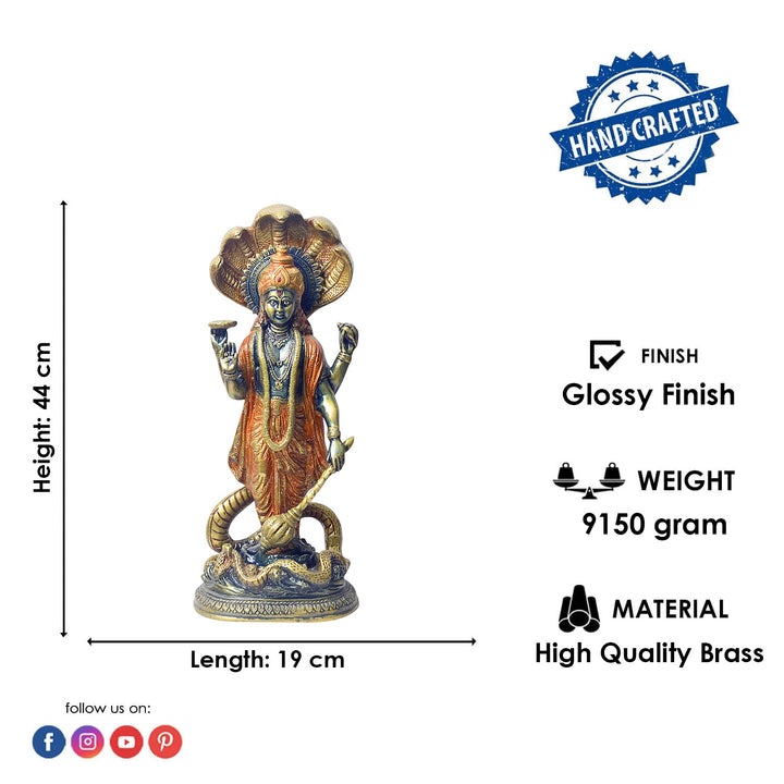   Large Brass Idol of 17 Inch Brass Vishnu Standing with Sheshanag. Bring divine protection and blessings into your home with this stunning 17-inch Brass Vishnu Standing with Sheshanag Idol. This intricately crafted statue features Lord Vishnu, the preserver of the universe, standing gracefully atop the Sheshanag (cosmic serpent). on www.satvikstore.in