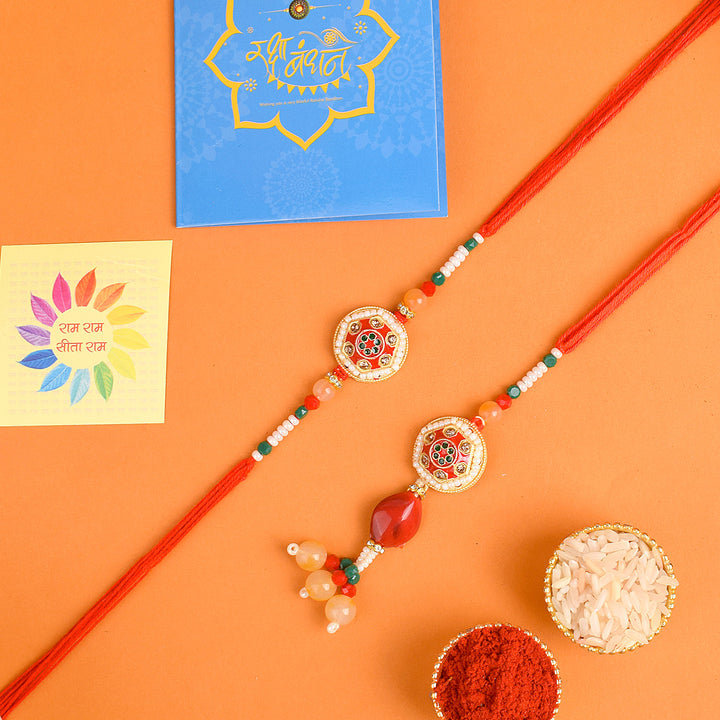 Designer Couple Rakhi Set for Bhaiya and Bhabhi with Roli Chawal and Ram Sita Stickers – Raksha Bandhan Gift Combo. India’s Largest Brass Idols Brand - www.satvikstore.in