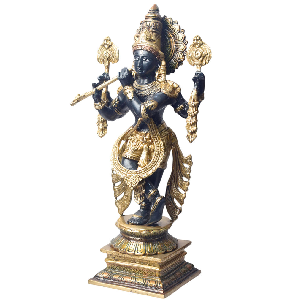 Large Brass Idol of 19 Inch Brass Chola Krishna Sculpture Playing the Flute. Bring home the divine charm of Lord Krishna with this exquisite 19-inch Brass Chola Krishna Sculpture. Expertly crafted, this statue captures Lord Krishna in his iconic pose, gracefully playing the flute.