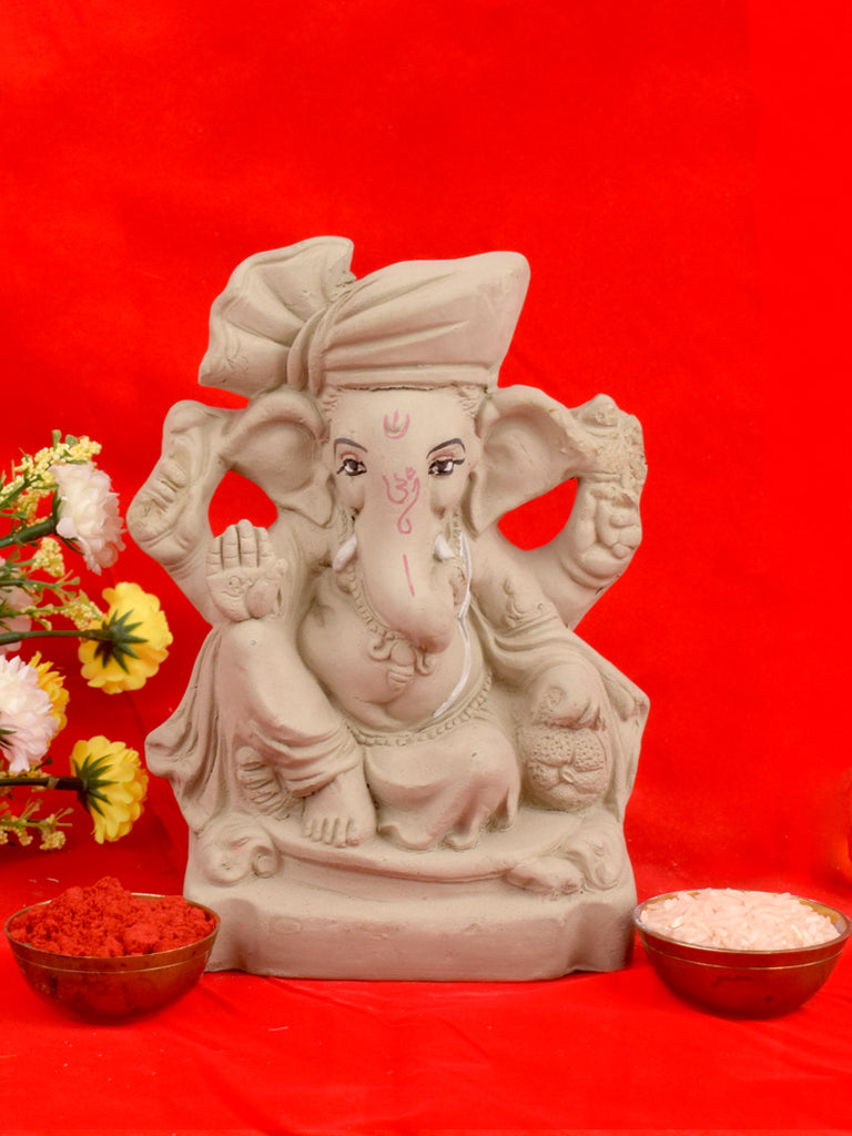 6.5 Inch Alampata Eco-Friendly Ganesha Idol in majestic Raja Pose, handcrafted from natural Shadu Mati clay  India’s Largest Pooja Accessories Brand – www.satvikstore.in