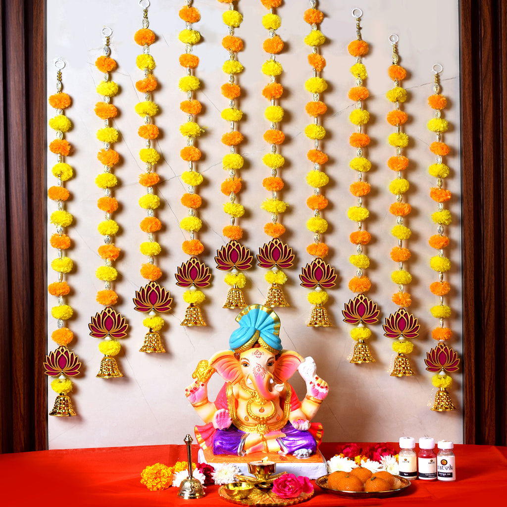 Elegant Pom Pom Lotus Backdrop (Latkan) – Decorative hanging with colorful pom poms and lotus motifs, ideal for festive, wedding, and spiritual backdrop decoration. India’s Largest Pooja Accessories Brand – www.satvikstore.in