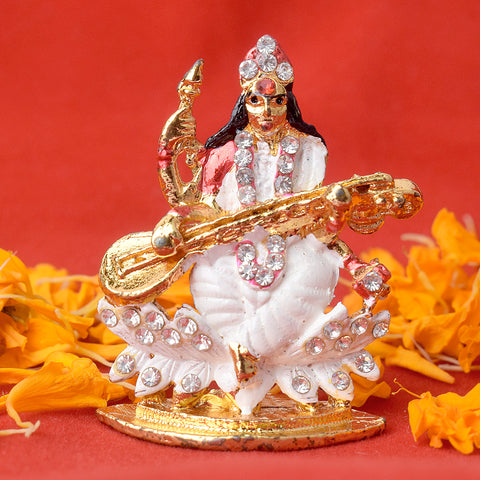 Elegant Saraswati Maa Idol holding veena, symbolizing knowledge and wisdom, intricately designed for home or office decor. India’s Largest Pooja Accessories Brand – www.satvikstore.in 