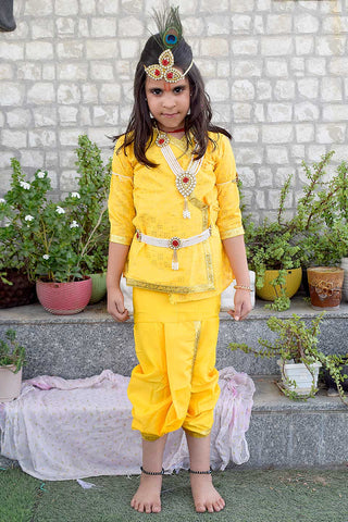 Yellow Krishna Dress – Printed Cotton Linen Blend Outfit with Golden Border