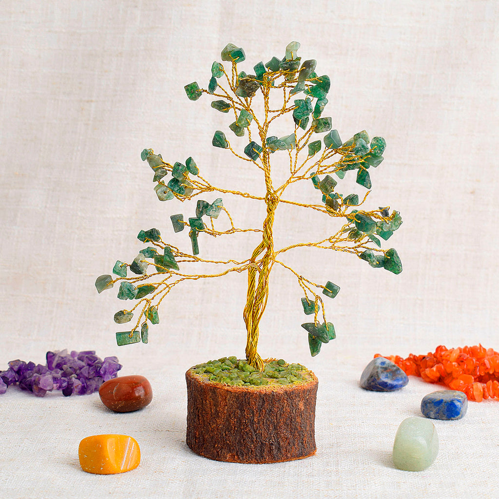 Green Aventurine Crystal Tree featuring 100 polished green gemstone beads on a wire-wrapped base, symbolizing luck, prosperity, and new opportunities. India’s Largest Pooja Accessories Brand – www.satvikstore.in