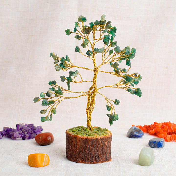 Green Aventurine Crystal Tree featuring 100 polished green gemstone beads on a wire-wrapped base, symbolizing luck, prosperity, and new opportunities. India’s Largest Pooja Accessories Brand – www.satvikstore.in