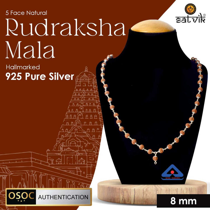 Hallmarked 925 Pure Silver Panchmukhi Rudraksha Mala featuring five-faced sacred beads, meticulously crafted in premium silver to enhance spiritual strength, tranquility, and prosperity. India’s Premium Rudraksha Jap Mala Store- www.satvikstore.in