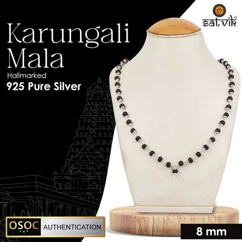 Hallmarked 925 pure silver government-certified Karungali mala, designed for spiritual protection, healing, and meditation. India’s Premium Jap Mala Store - www.satvikstore.in