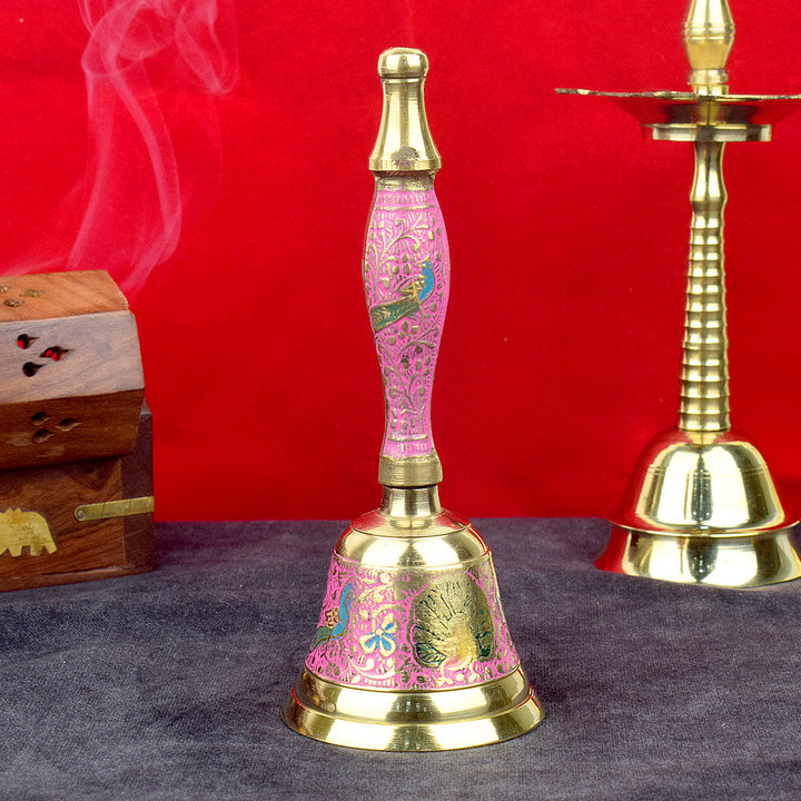 Handcrafted brass puja bell with elegant pink handle, designed for daily rituals and devotional ceremonies, adds charm to your prayer space. India’s Largest Pooja Accessories Brand – www.satvikstore.in