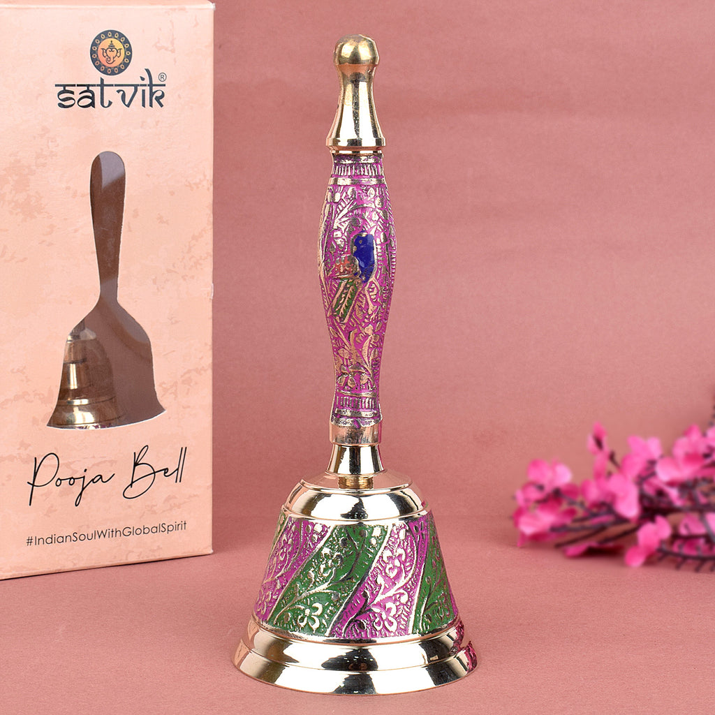 Handcrafted pink and green brass puja bell designed for traditional Hindu rituals and aarti, featuring intricate detailing and vibrant colors. India’s Largest Pooja Accessories Brand – www.satvikstore.in