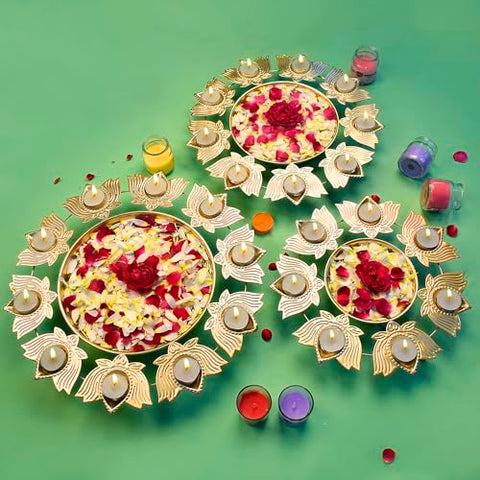 Lotus Petals Shape Metal Urli with Tea Light (Pack of 3) – Set of three metal urli designed with lotus petals, each featuring a tea light holder for elegant and spiritual home decoration. India’s Largest Pooja Accessories Brand – www.satvikstore.in