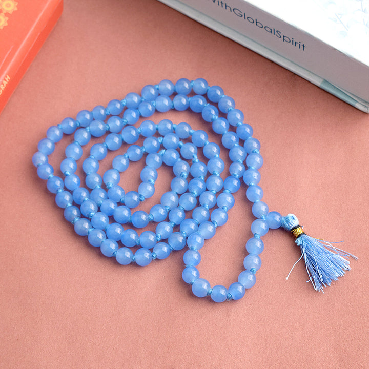 Premium Hakik Jap Mala with Blue Calcite Beads – A Spiritual Meditation Mala for Calmness, Communication, and Emotional Healing. India’s Premium Hakik Jap Mala Store - www.satvikstore.in
