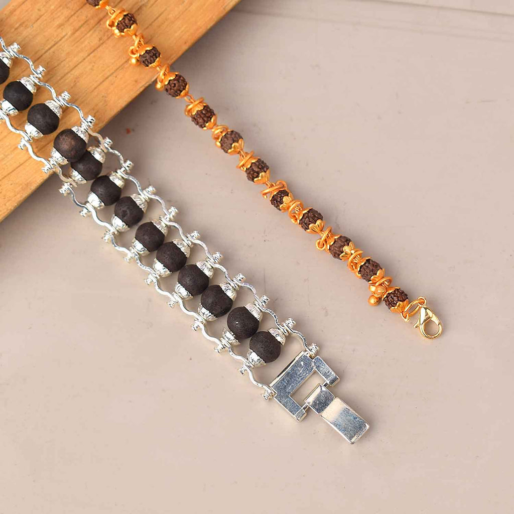 Combo of Silver Plated Karungali Bracelet & Gold Plated Rudraksha Bracelet with Premium PVD Coating – Sacred Spiritual Jewelry Set for Women India’s Largest Pooja Accessories Brand - www.satvikstore.in 