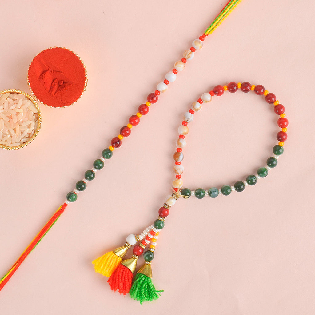 Designer Couple Rakhi Set for Bhaiya and Bhabhi with Roli Chawal and Ram Sita Stickers – Raksha Bandhan Gift Combo. India’s Largest Brass Idols Brand - www.satvikstore.in