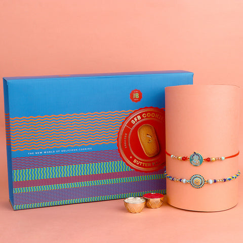 Designer Rakhi paired with delicious chocolates, perfect for Raksha Bandhan gifting.