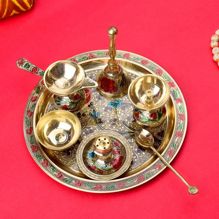 Ravishing 7 Pc Brass Puja Thali Set with Premium Velvet Box, 17.7cm (8 Inch), featuring intricately crafted pooja essentials in a luxurious red velvet case, ideal for religious rituals and gifting. India’s Largest Pooja Accessories Brand – www.satvikstore.in 