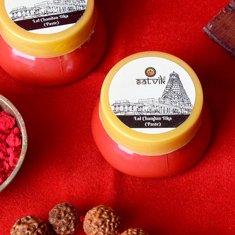 Red Chandan Tikka Paste (Lal Tilak) is a sacred and vibrant paste used for spiritual rituals, poojas, and blessings, symbolizing purity and divine protection during religious ceremonies – India’s Largest Pooja Accessories Brand – www.satvikstore.in