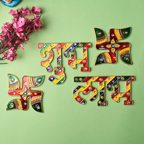 Auspicious Duo Shubh Labh and Swastik Sticker set featuring traditional red and gold Hindu symbols, ideal for entrance doors, pooja rooms, and festive home décor. India’s Largest Pooja Accessories Brand – www.satvikstore.in 