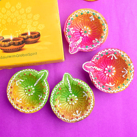 Sparkling Heritage Exquisite Clay Diyas for Diwali Festivities Set of 4