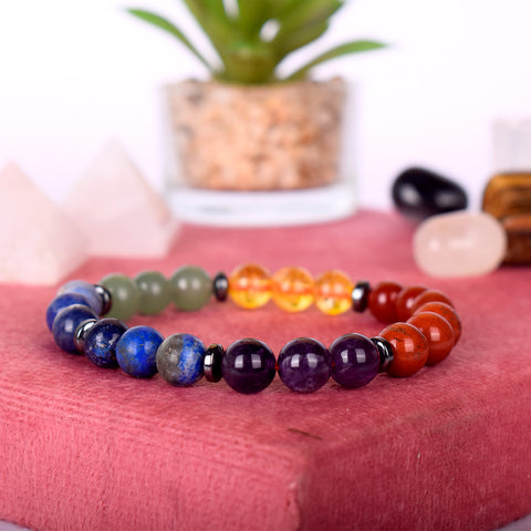 Stretchable 7 chakra healing stone bracelet with 8mm multicolor beads. India’s Largest Pooja Accessories Brand - www.satvikstore.in