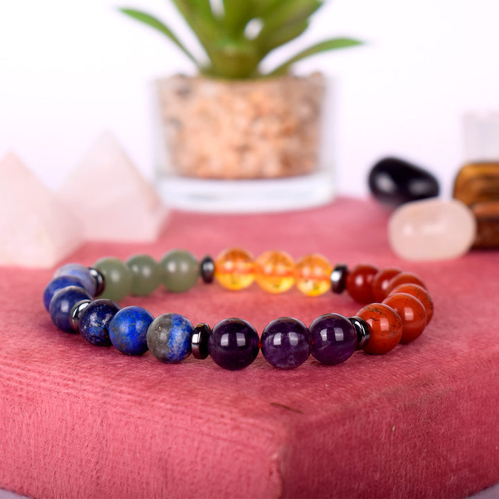 Stretchable 7 chakra healing stone bracelet with 8mm multicolor beads. India’s Largest Pooja Accessories Brand - www.satvikstore.in