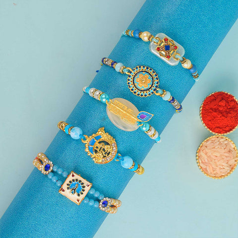 Set of 5 Designer Rakhi Threads with Roli Chawal and Ram Sita Stickers for Raksha Bandhan Celebration. India’s Largest Pooja Accessories Brand - www.satvikstore.in