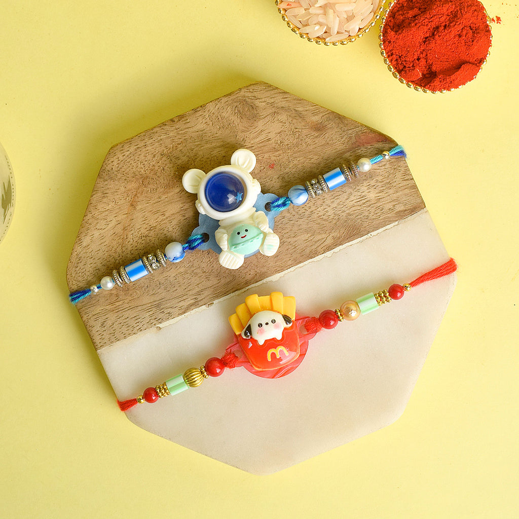 Set of 2 Cartoon-Themed Kids Rakhi with Roli Chawal and Ram Sita Stickers – Raksha Bandhan Gift Combo for Children. India’s Largest Pooja Accessories Brand - www.satvikstore.in