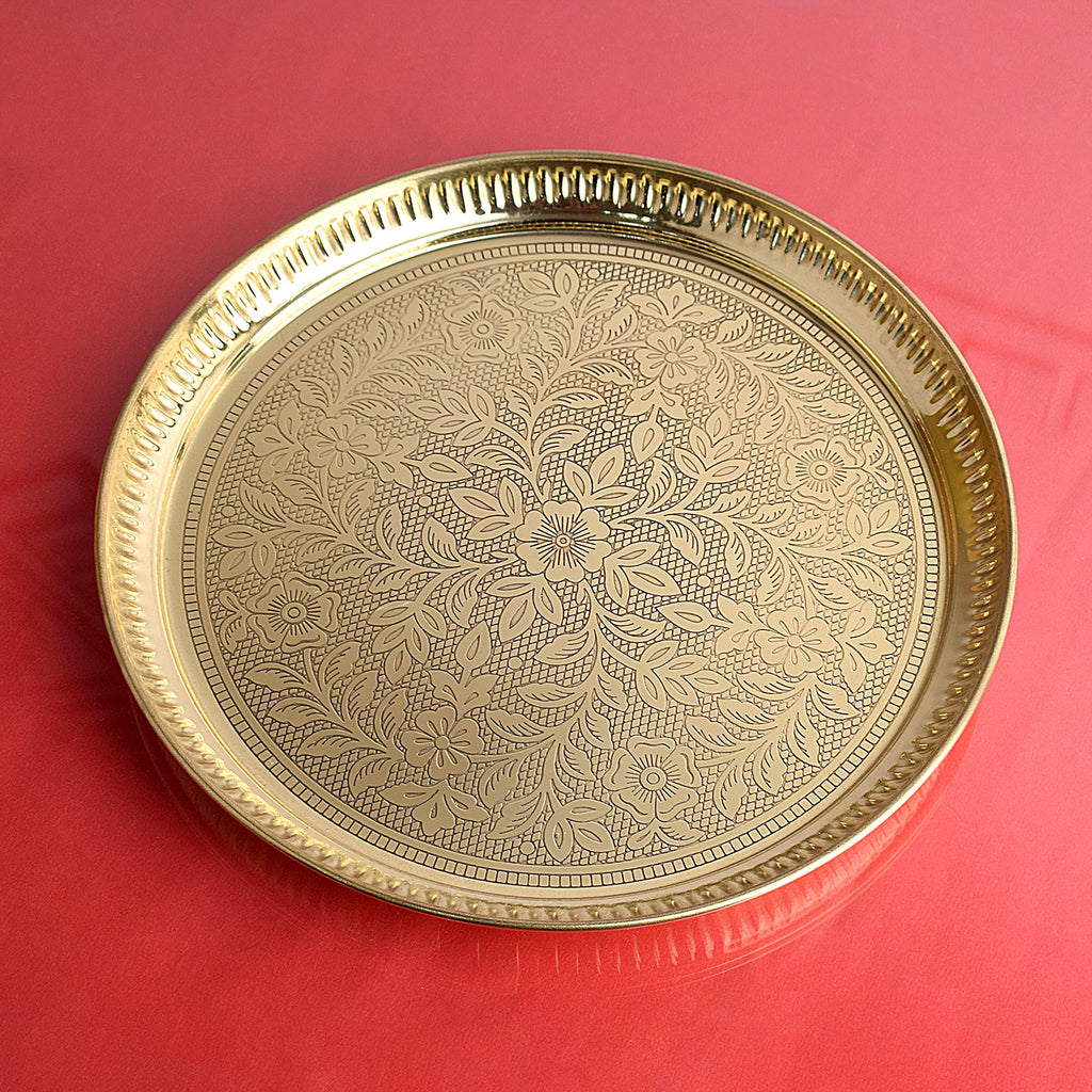 Shop Traditional Vintage Brass Floral Thali with intricate floral carvings, perfect for pooja rituals, festive celebrations, and temple décor. A timeless addition to your spiritual setup. Satvikstore.in