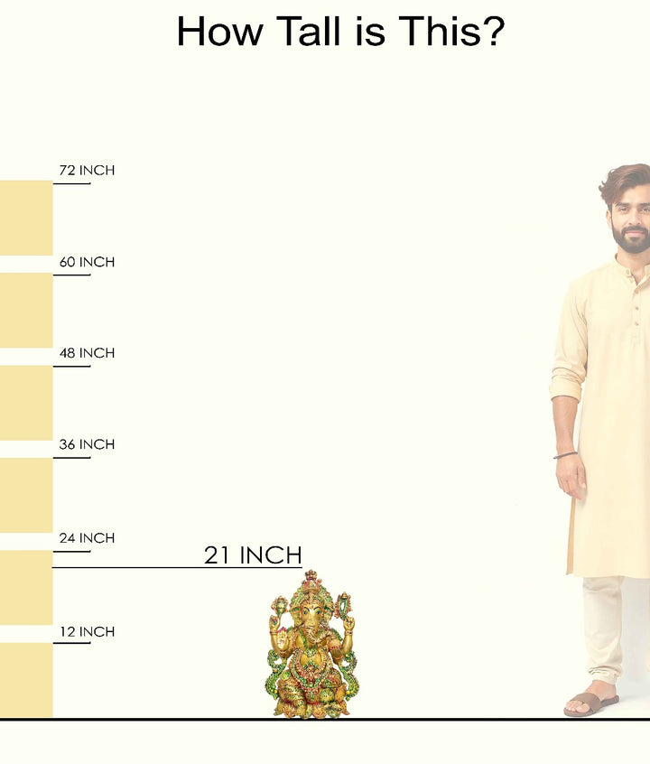 Temple-size brass Ganesha idol with glossy finish – 54 cm (21 inches) height, 37 cm (14.5 inches) length, and 20850 grams (20.85 kg) weight. This handcrafted temple size murti is made from high-quality brass, perfect for home temples, puja, and gifting. Buy premium temple size statues from India's Large Puja Accessories Brand - Satvikstore.in.