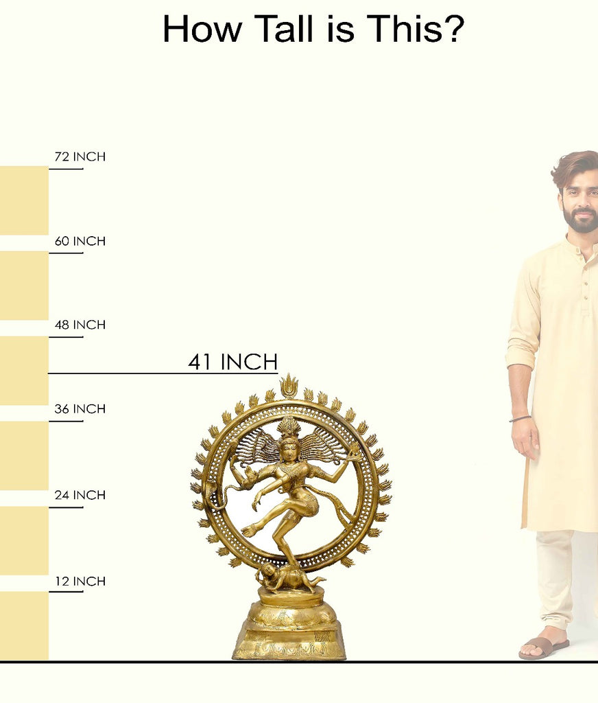 Handcrafted large brass statue of Nataraja, the dancing Shiva, within a circular fire arch (Prabha Mandala), glossy finish, weight 50000 grams (50 kg), height 105 cm (approximately 41.34 inches), length 76 cm (approximately 29.92 inches). Best for VIP Gift, best for big premium gift, best for your temple, symbol of cosmic dance and creation. India's Large Puja Accessories Brand - Satvikstore.in