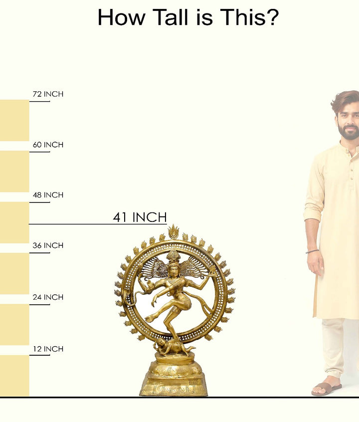 Handcrafted large brass statue of Nataraja, the dancing Shiva, within a circular fire arch (Prabha Mandala), glossy finish, weight 50000 grams (50 kg), height 105 cm (approximately 41.34 inches), length 76 cm (approximately 29.92 inches). Best for VIP Gift, best for big premium gift, best for your temple, symbol of cosmic dance and creation. India's Large Puja Accessories Brand - Satvikstore.in