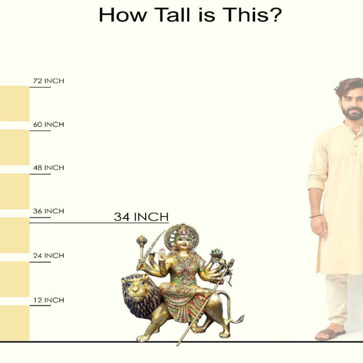 Handcrafted large brass statue of Goddess Durga seated on her lion vahana, holding multiple weapons including a sword and trident, glossy finish, weight 60000 grams (60 kg), height 87 cm (approximately 34.25 inches), length 80 cm (approximately 31.5 inches). Best for VIP Gift, best for big premium gift, best for your temple. India's Large Puja Accessories Brand - Satvikstore.in