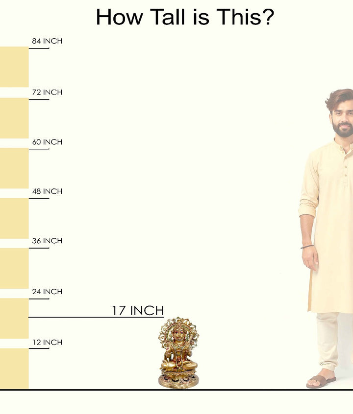 Handcrafted brass statue of Lord Hanuman seated on a lotus throne with a decorative halo, holding a gada (mace) and in a blessing gesture. Best for VIP Gift, best for big premium gift, best for your temple. India's Large Puja Accessories Brand - Satvikstore.in