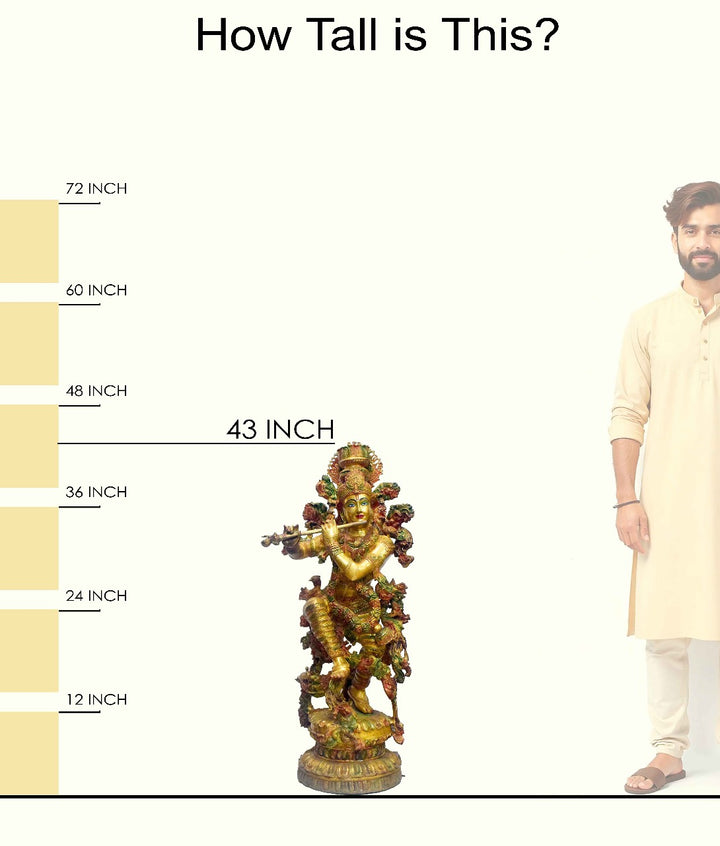 Handcrafted large brass statue of Lord Krishna playing the flute, standing in a Tribhanga pose with cows, glossy finish, weight 95000 grams (95 kg), height 110 cm (approximately 43.31 inches), length 46 cm (approximately 18.11 inches). Best for VIP Gift, best for big premium gift, best for your temple. India's Large Puja Accessories Brand - Satvikstore.in