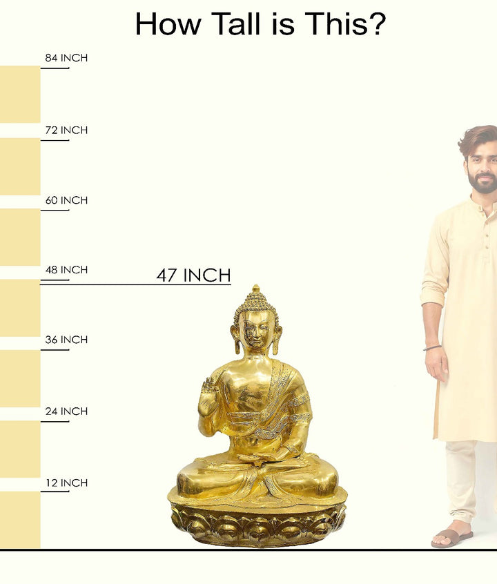 Handcrafted brass statue of Buddha seated in the Abhaya Mudra (gesture of fearlessness and protection) on a detailed lotus pedestal. Best for VIP Gift, best for big premium gift, best for your meditation space, symbol of peace and enlightenment. India's Large Puja Accessories Brand - Satvikstore.in