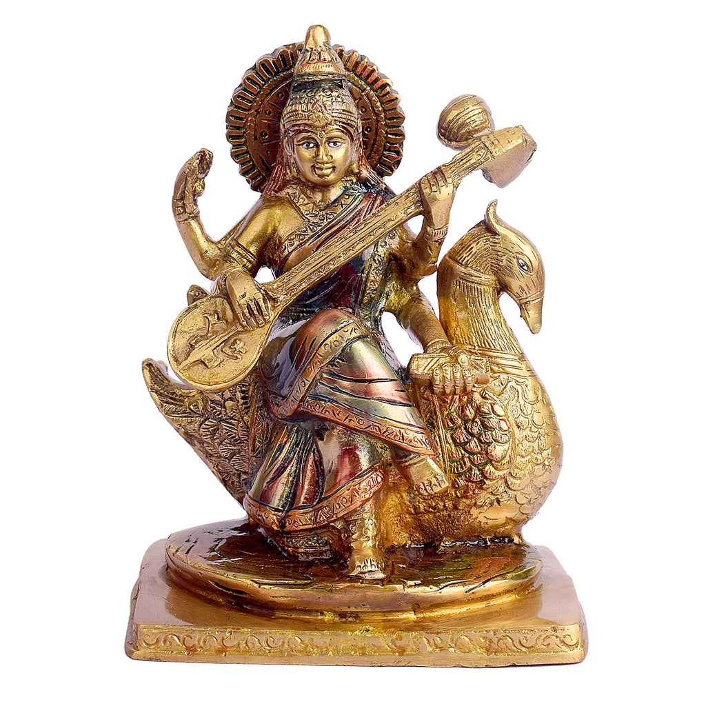 7.3 Inch Goddess Saraswati Mata Brass Idol Brass Statue featuring intricate detailing, perfect for spiritual home decor, temple worship, and devotional gifting. India’s Largest Brass Idols Brand - www.satvikstore.in
