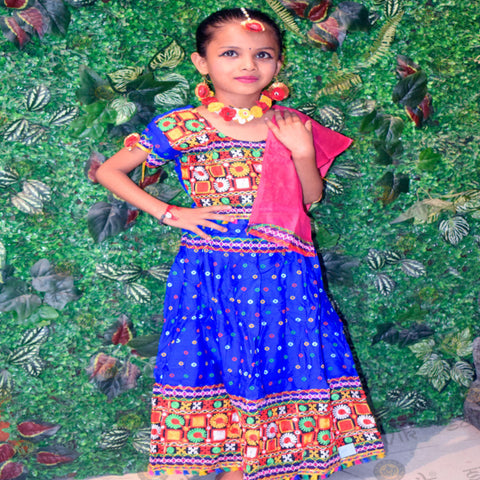Elegant Blue Phulkari Radha Dress for Girls – With Pink Dupatta