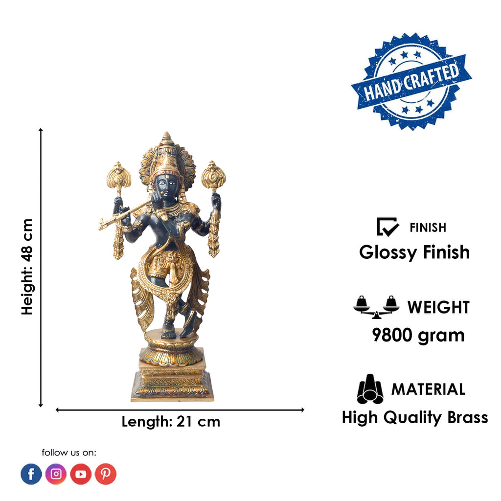 Large Brass Idol of 19 Inch Brass Chola Krishna Sculpture Playing the Flute. Bring home the divine charm of Lord Krishna with this exquisite 19-inch Brass Chola Krishna Sculpture. Expertly crafted, this statue captures Lord Krishna in his iconic pose, gracefully playing the flute.