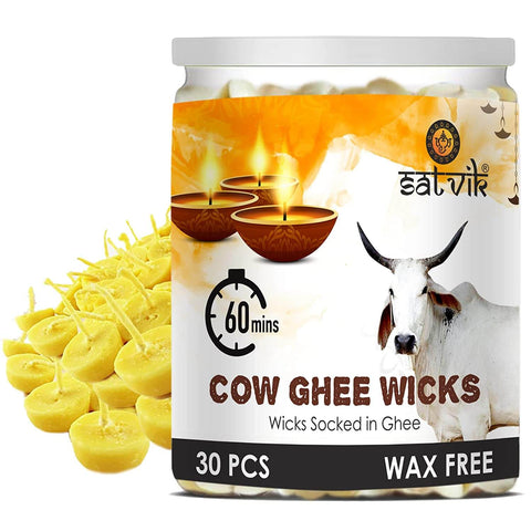 60-minute Pure Cow Ghee Diya Wicks (Wax Free), designed for long-lasting, clean-burning light during pooja and spiritual rituals. Eco-friendly and handmade with natural cow ghee. India’s Largest Pooja Accessories Brand – www.satvikstore.in