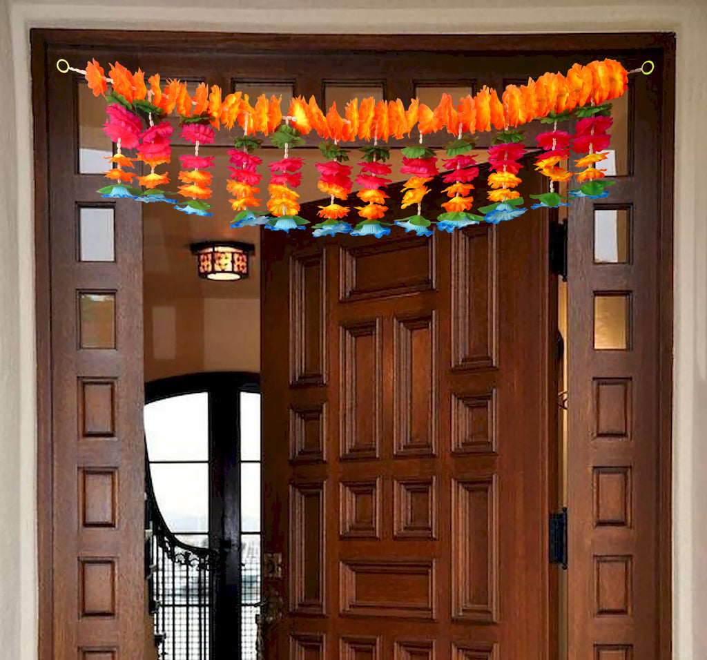 Artificial Flower Bandarwal Toran Design-14 with vibrant floral garland and golden accents for door decoration. India’s Largest Pooja Accessories Brand – www.satvikstore.in