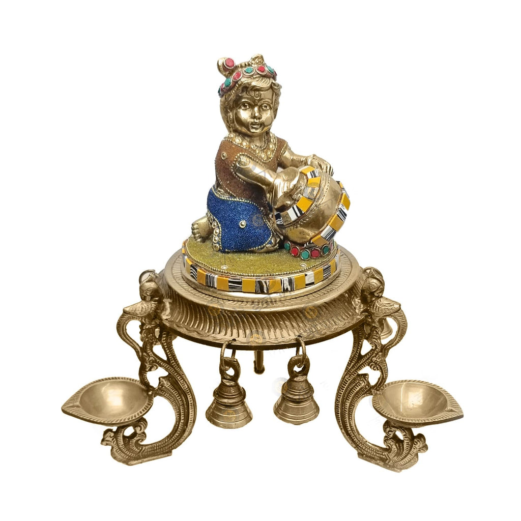 6 Inch Decorative Brass Laddu Gopal with Chowki, beautifully crafted idol of Lord Krishna with intricate detailing, perfect for home temple or spiritual decor. No.1 Brass Idol Store www.satvikstore.in 
