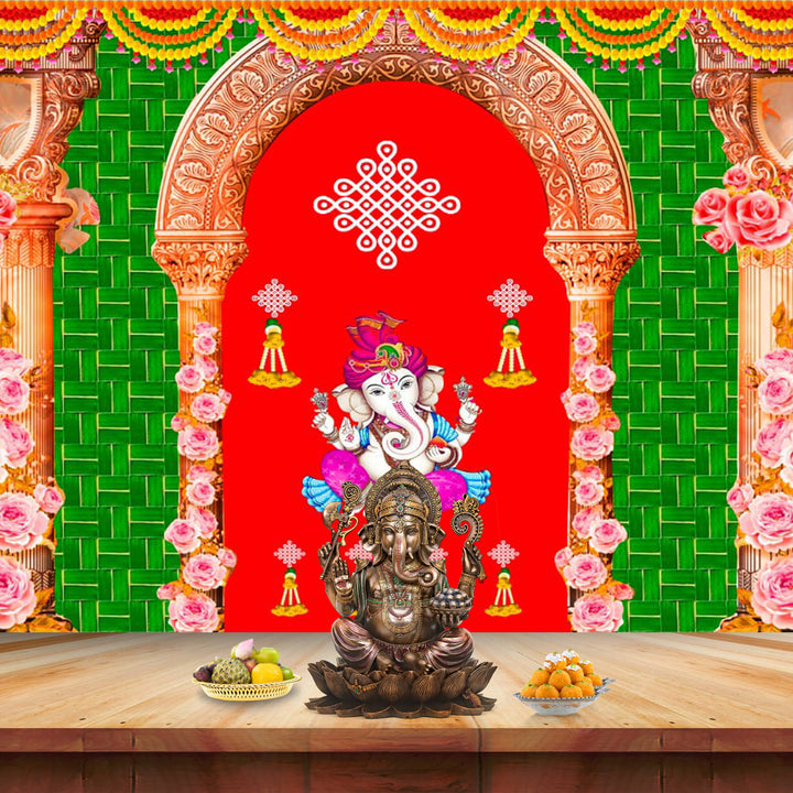 Printed backdrop cloth featuring Lord Ganesha seated on a banana leaf design, perfect for pooja decoration, mandir backdrop, and festive occasions. India’s Largest Pooja Accessories Brand – www.satvikstore.in